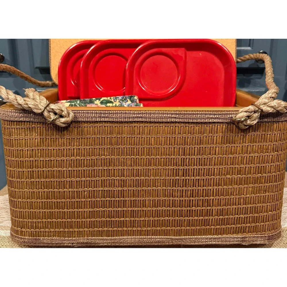 Vintage Burlington Hawkeye Picnic Basket Woven Rope Handles Red Gingham 3 Trays